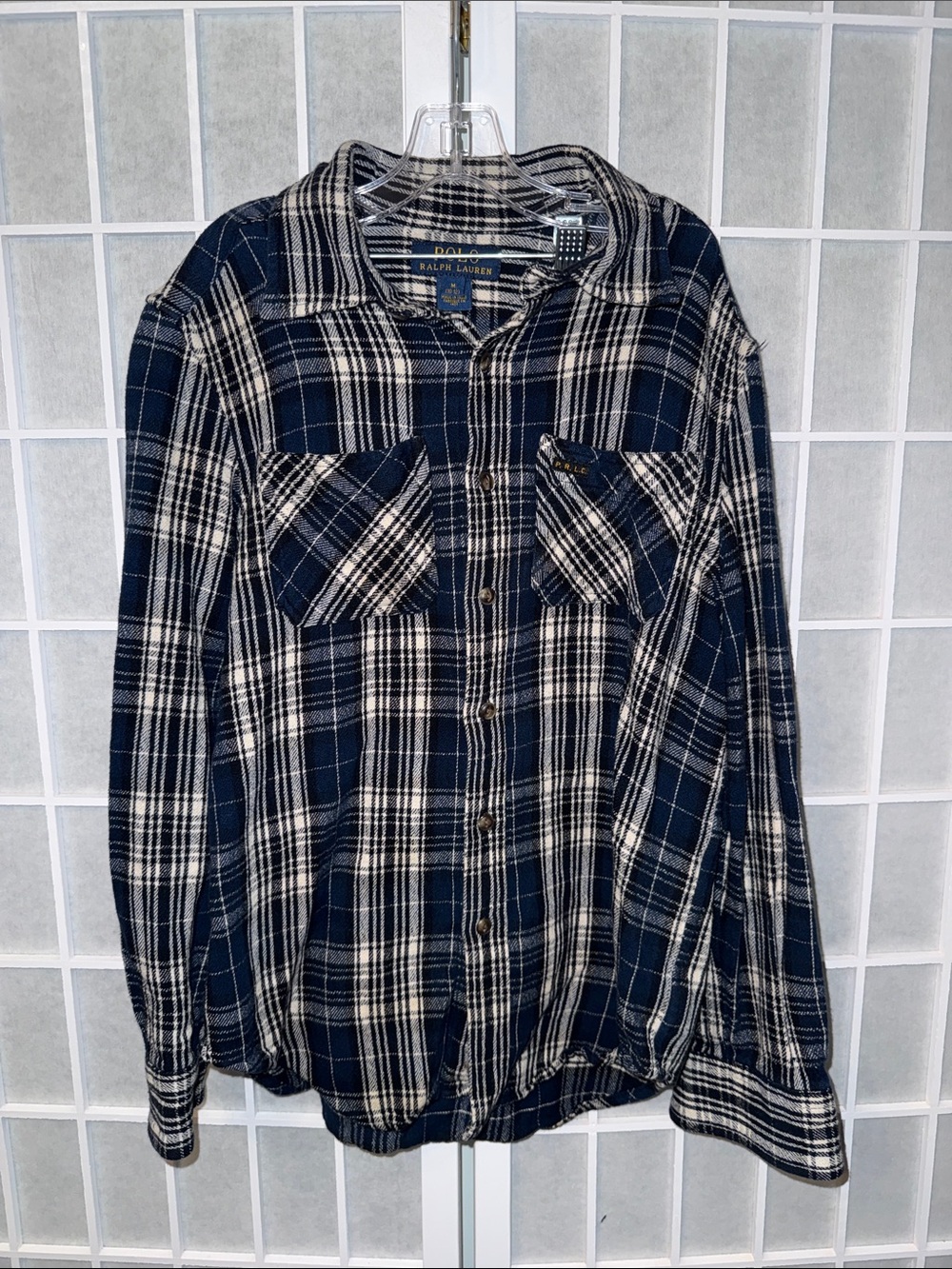 Boy’s Polo by Ralph Lauren Navy and Cream Plaid Button-Down Shirt Size M 10/12